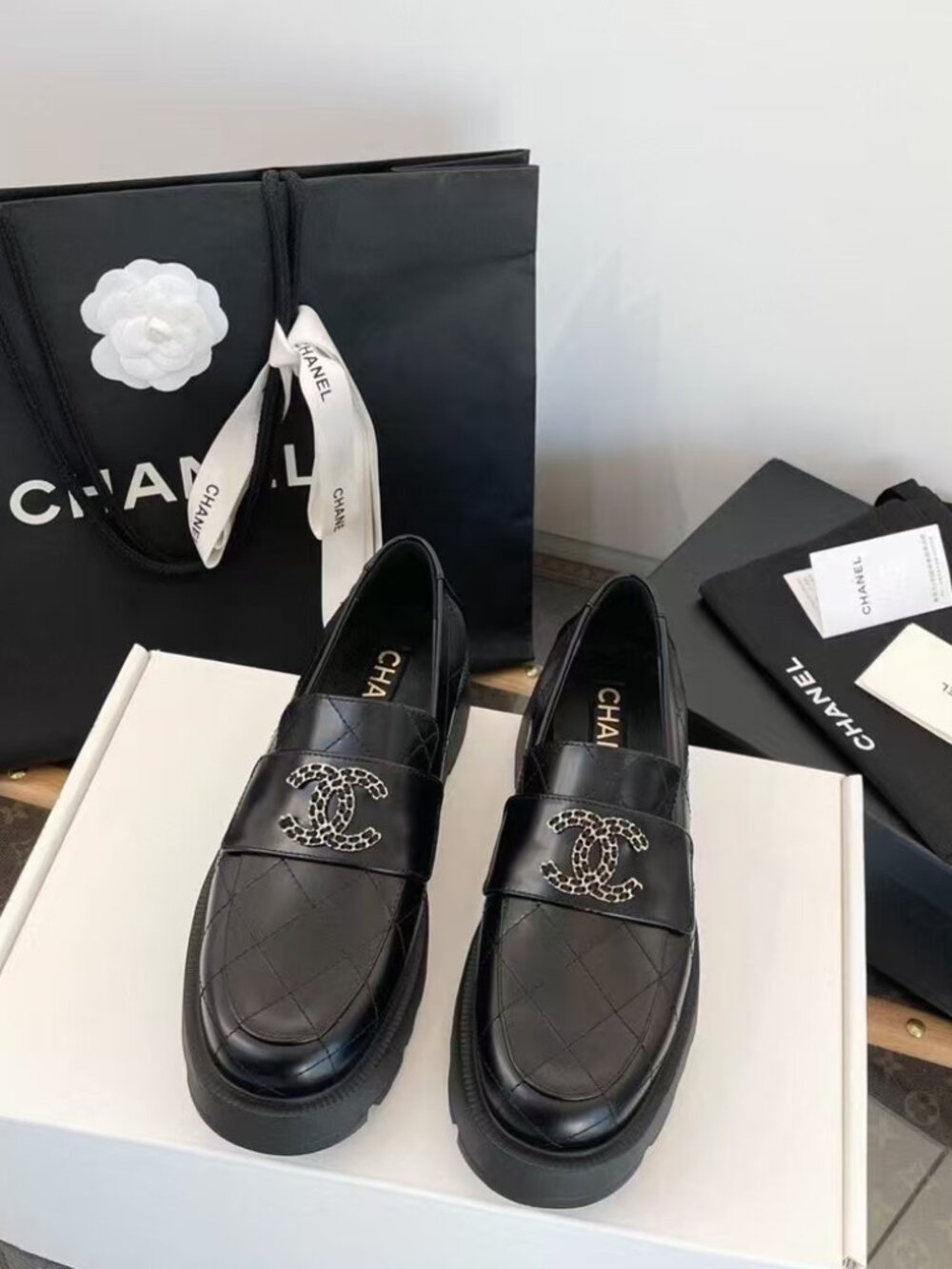 Chanel Black Quilted Rhinestone CC Thick Sole Loafers